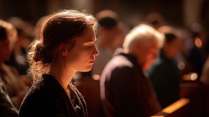 A woman with closed eyes, immersed in reflection, surrounded by a blurred crowd in a softly lit, contemplative atmosphere.