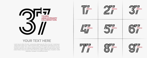Anniversary logo type set with double line number. black and red color for celebration event