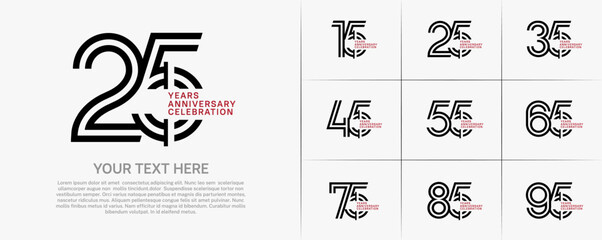 Anniversary logo type set with double line number. black and red color for celebration event