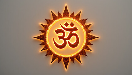Illuminated om symbol with sunburst design against a neutral background in a spiritual setting silhouette