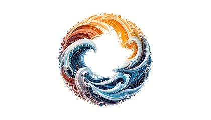 Circular design featuring stylized waves in shades of blue orange and red on a white background silhouette