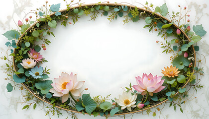 Oval frame decorated with lotus flowers leaves and vines against a white marble background silhouette