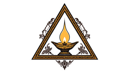 Ornate triangle frame with a golden lamp and flame on a white background in a detailed illustration silhouette