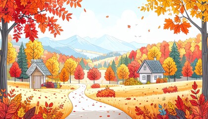 カラフルな紅葉と山小屋が並ぶ秋の田舎道イラスト