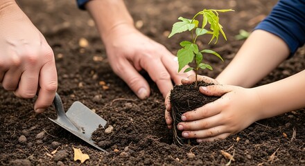 A parent and child's hands carefully planting a young tree sapling together in the garden, symbolizing growth and environmental care