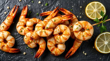 Grilled shrimp skewers. Seafood, shellfish. Shrimps Prawns skewers with herbs, garlic and lemon on black stone background, copy space. Shrimps prawns brochette kebab. Barbecue scrimps prawns
