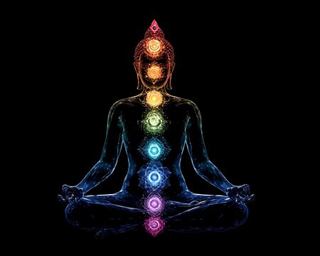 meditating buddha with glowing chakras on black clip art preview