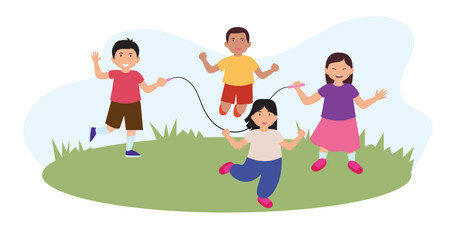 skipping rope game happy kids jumping kindergarten preschool children playing double dutch. boys girls outdoor fun activity illustration background