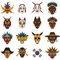 Collection of vibrant, diverse tribal and cultural masks from around the world, each with unique designs and expressions.