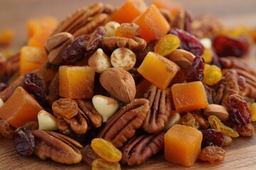 Pumpkin spice trail mix  - A colorful pile of autumn trail mix featuring dried apricots, pecans, almonds, raisins, and cranberries on a wooden surface