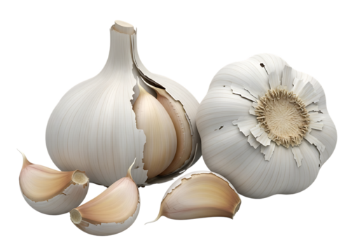 Vibrant Garlic Still Life on Black Backdrop Two Bulbs and Several Cloves Showing Culinary and Medicinal Aspects