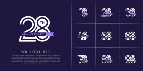 Anniversary logo type set with double line number. white color with small purple ribbon for celebration event