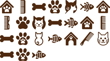 Collection of cute pet care icons featuring cats, dogs, fish, bones, and grooming tools