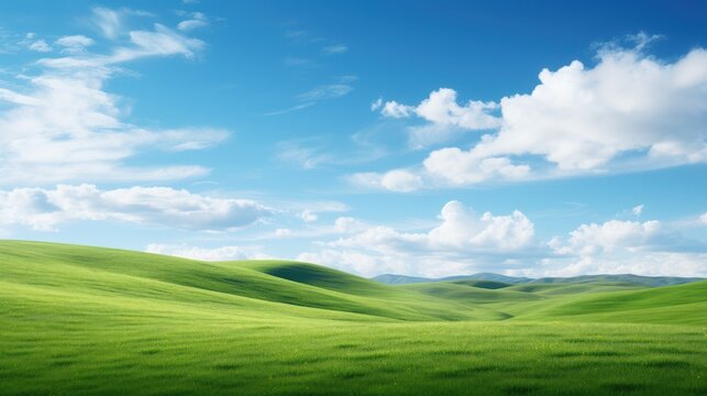 Verdant rolling hills under a bright blue sky with fluffy clouds green grass