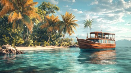Tropical scene with wooden boat near a beach with palm trees under a partly cloudy sky