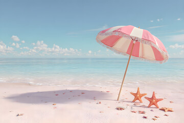 a beach with a pink and white umbrella and starfishs
