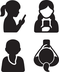 girl using a mobile phone silhouette icons set side, front, back, and top views vector art illustration