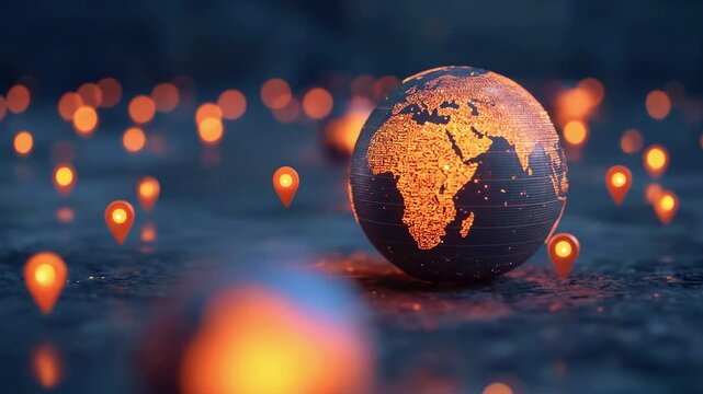 3D glowing globe with location pins showcasing global connectivity against a dark background