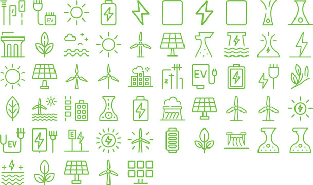 Dynamic collection of modern green energy icons for sustainable technology and eco-friendly solutions