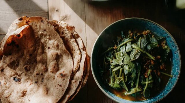 Warm Sunlight Illuminates Delicious Flatbread and Fresh Green Dish.