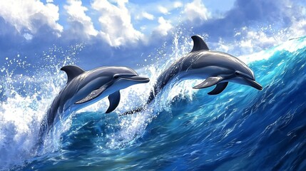 Fototapeta premium Playful Dolphins Leaping: A Vibrant Ocean Scene