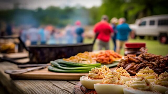 Delicious Outdoor Picnic Food Spread with People and Vehicle in Background.