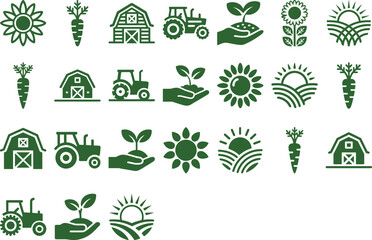 Vibrant farm icons celebrate growth, harvest, and rural life with fresh produce