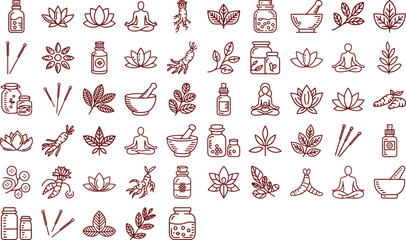Holistic wellness icons featuring yoga, herbs, and acupuncture for natural healing
