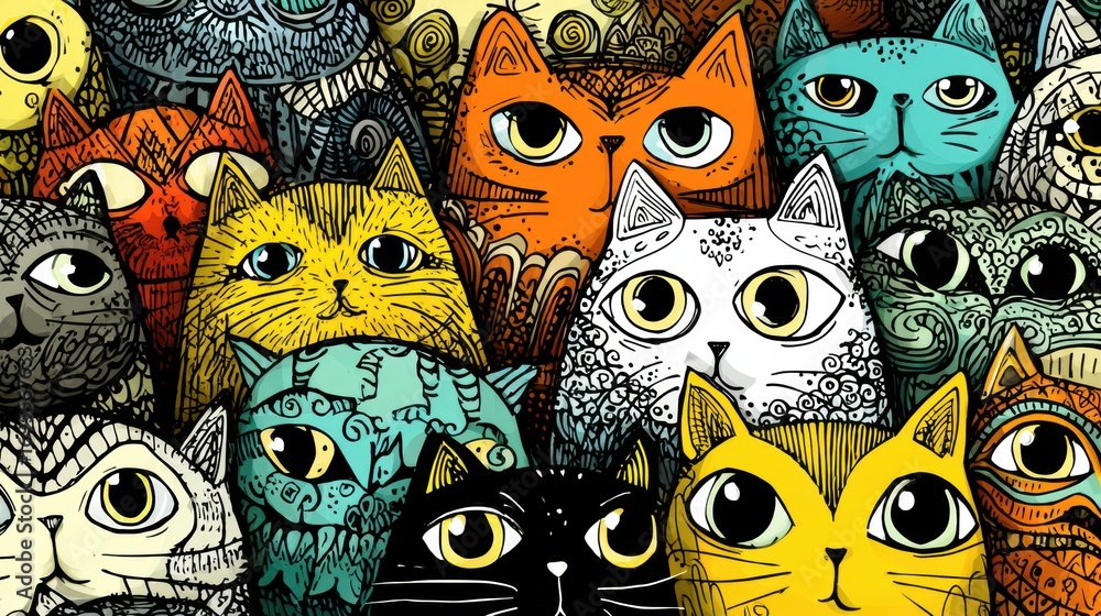 Poster colorful collection of illustrated cats featuring unique patterns and expressions in a whimsical art