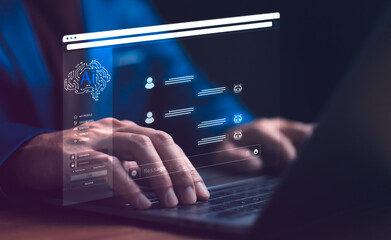Businessman hands typing on a laptop with a glowing holographic AI interface overlay, showcasing...
