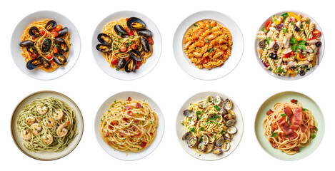PNG Diverse pasta dishes with seafood, element set on transparent background