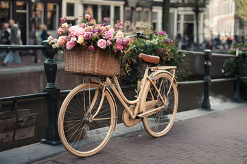 a bicycle with a basket of flowers on the front