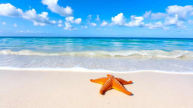 starfish on sandy seashore with mild waves and clear turquoise water beneath a blue sky with scattered clouds