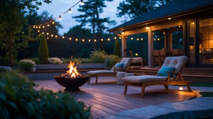 Cozy Backyard Patio with Fire Pit, Lounge Chairs, and String Lights at Dusk