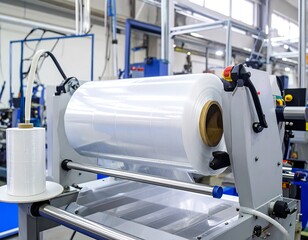 Industrial plastic film roll processing machine in a factory