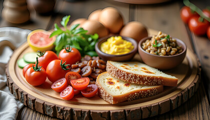 Mediterranean breakfast with fresh vegetables, bread, beans, and eggs on rustic wooden tray