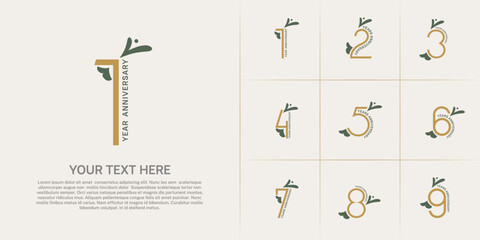 Anniversary logo type set with double line number. brown color with leaf ornament can be use special moment
