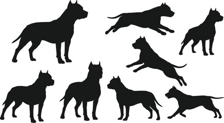 Black dog silhouettes in different poses collection, running dog, jumping dog, standing pet, domestic animal shapes, vector illustration design