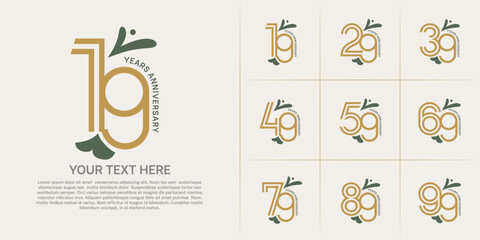 Anniversary logo type set with double line number. brown color with leaf ornament can be use special moment