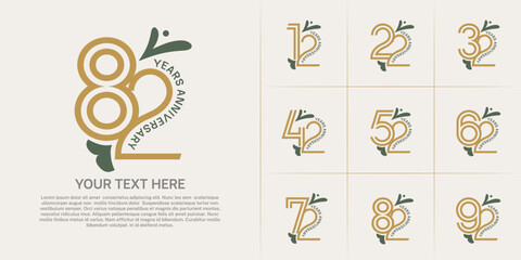 Anniversary logo type set with double line number. brown color with leaf ornament can be use special moment