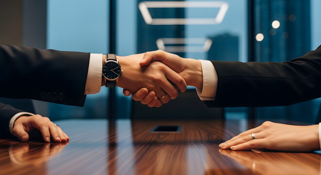 Formal Handshake: A close-up of a polished handshake sealing a deal, a symbol of partnership and trust, set against a professional backdrop.