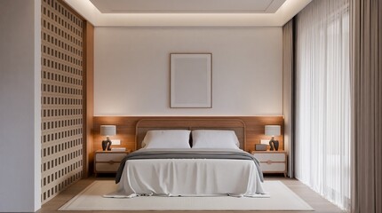 Modern Minimalist Japandi Bedroom Interior Frame Poster Mockup - 3d Rendering
