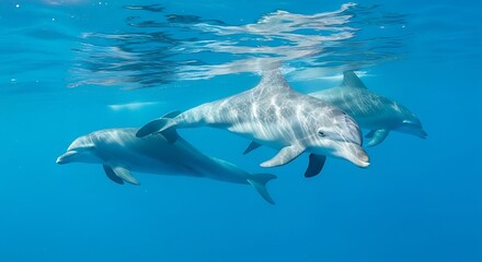 Naklejka premium Three playful dolphins gracefully glide through the azure depths, their sleek bodies reflecting the vibrant marine environment.