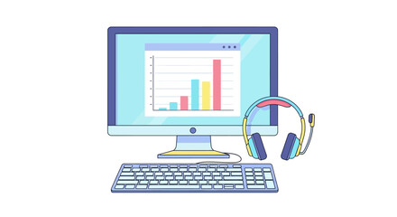 Fototapeta premium Modern workplace with data chart on computer screen and headset for communication
