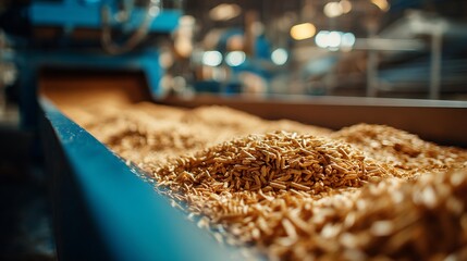 Wood Pellets on Conveyor Belt at Manufacturing Plant for Biomass Fuel