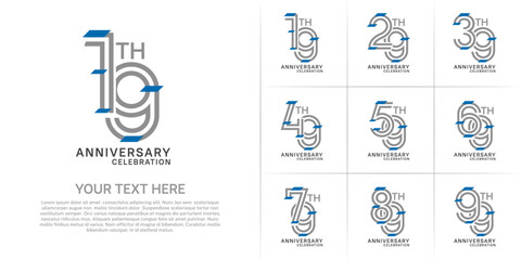 Anniversary set design with double line number. grey color with blue confetti for celebration event