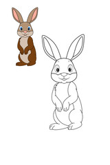 Obraz premium Cute cartoon rabbit illustration with both black-and-white and colored versions. Ideal for children’s books, educational materials, coloring books, and digital stickers. Perfect for use in kid-friendl