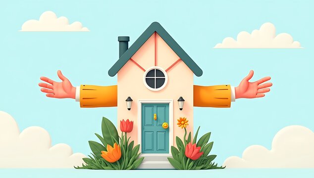 A stylized house shape with arms stretched outward, symbolizing welcoming hospitality.
