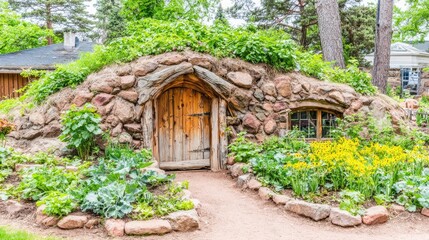 Stone garden shed with wooden door
