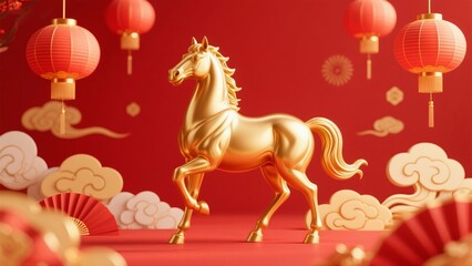 Golden Horse Decoration with Red Lanterns and Cloud Patterns